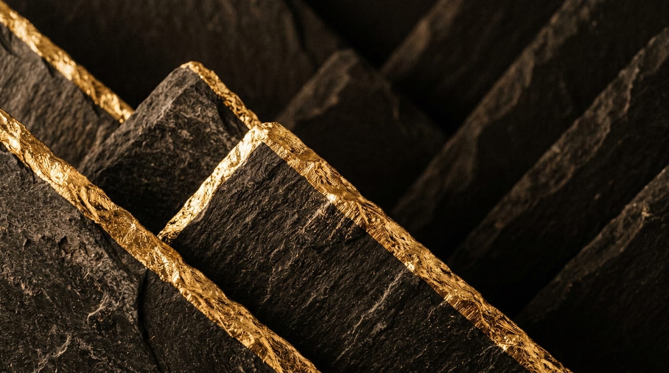 Dark slate slabs with veins of gold along their edges