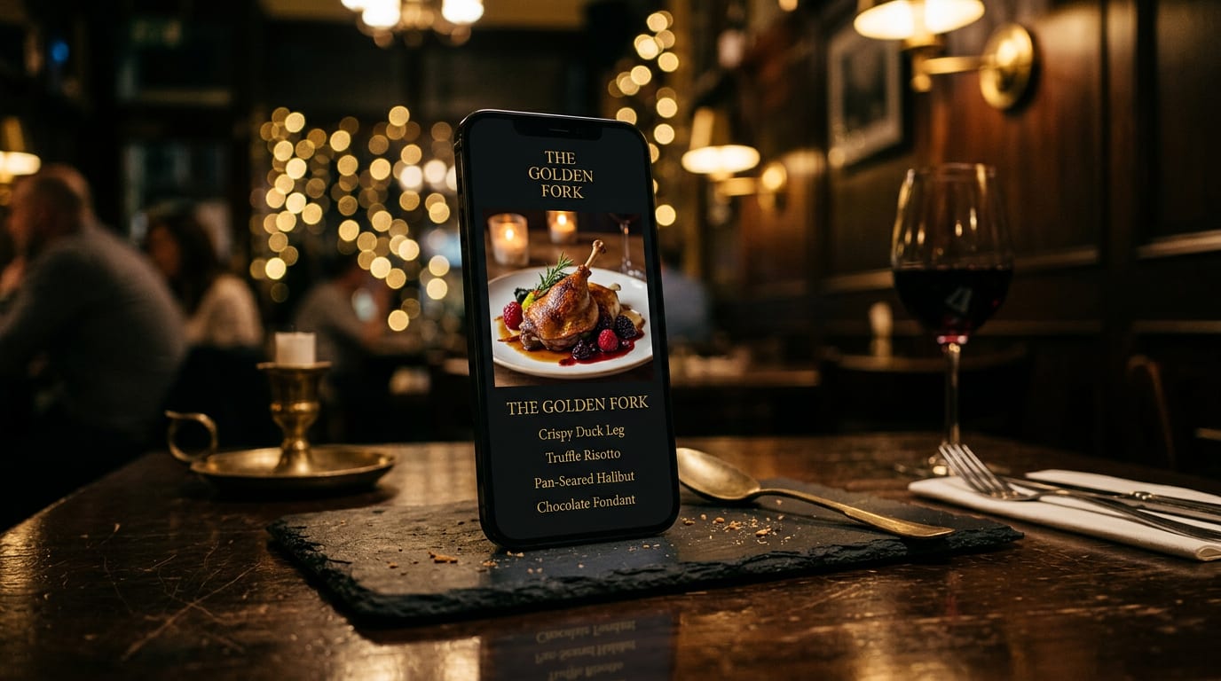 A phone standing on a slate board in a candlelit bistro, showing the menu page of a sample restaurant site