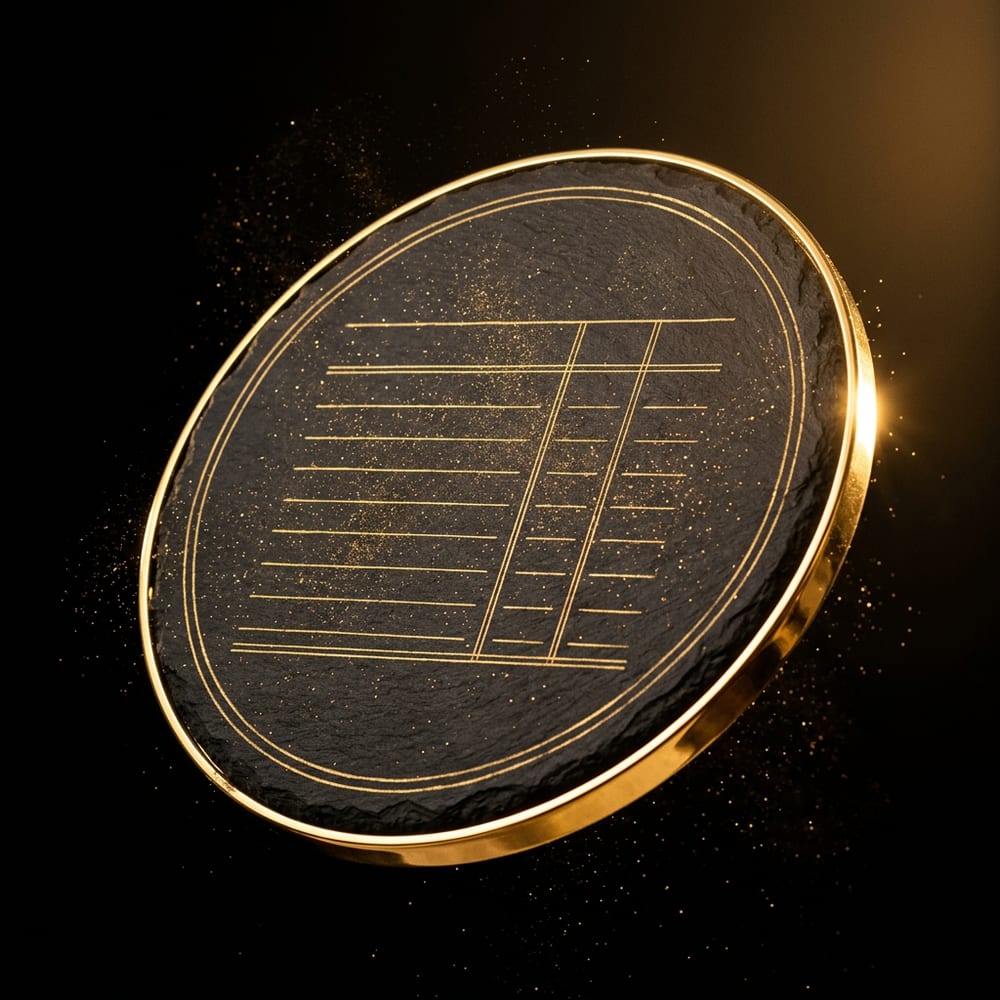 A round black slate with a gold rim and fine hand-ruled gold lines, like a menu board
